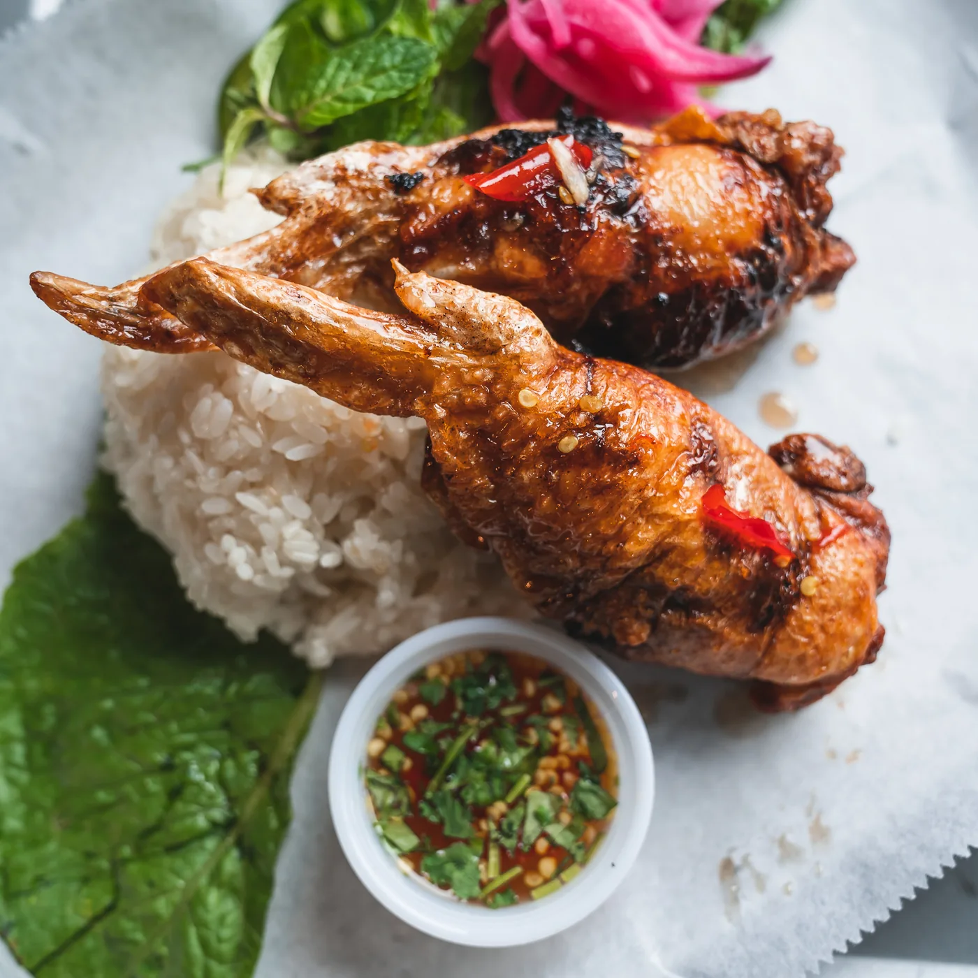 Crispy Thai chicken with sticky rice and dipping sauce