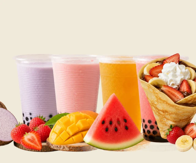 Four bubble teas and a crêpe on a cream ground