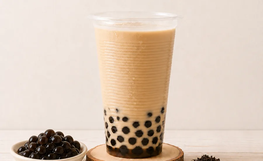 A boba milk tea on the counter