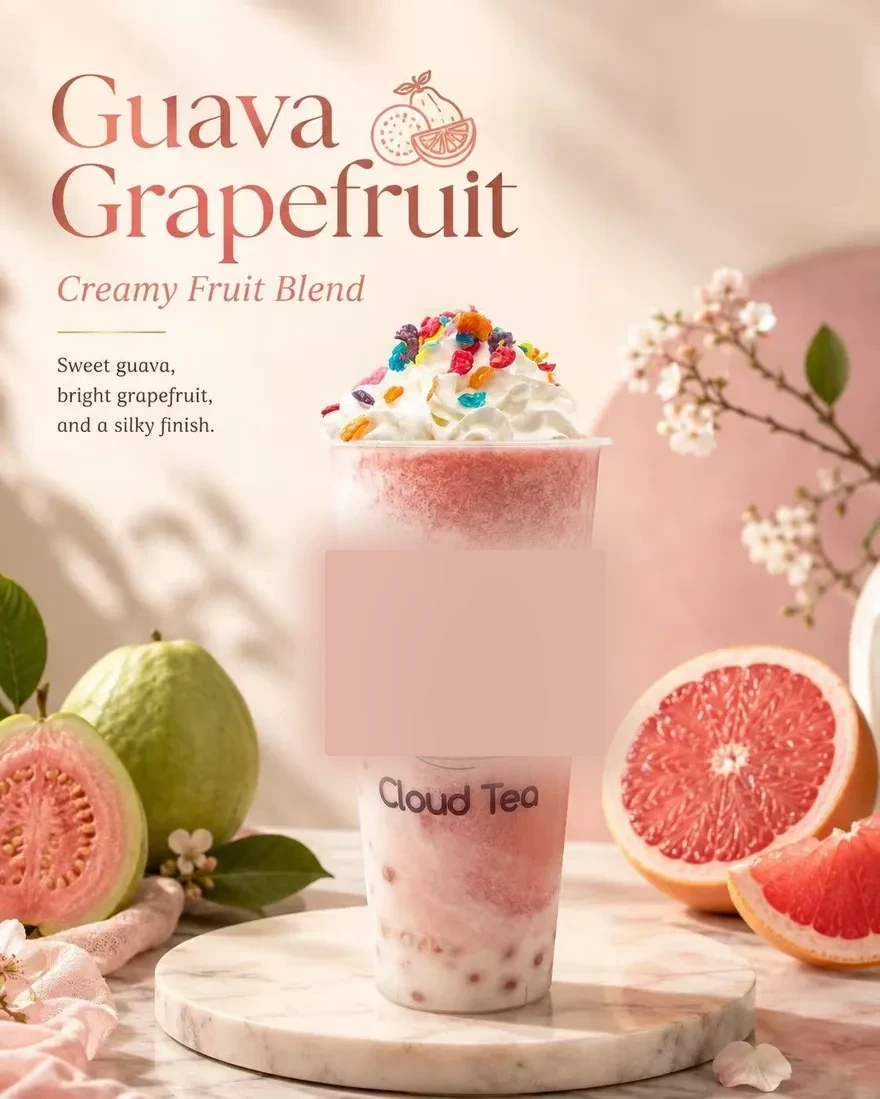 Guava Grapefruit — Creamy fruit blend — sweet, bright, silky.