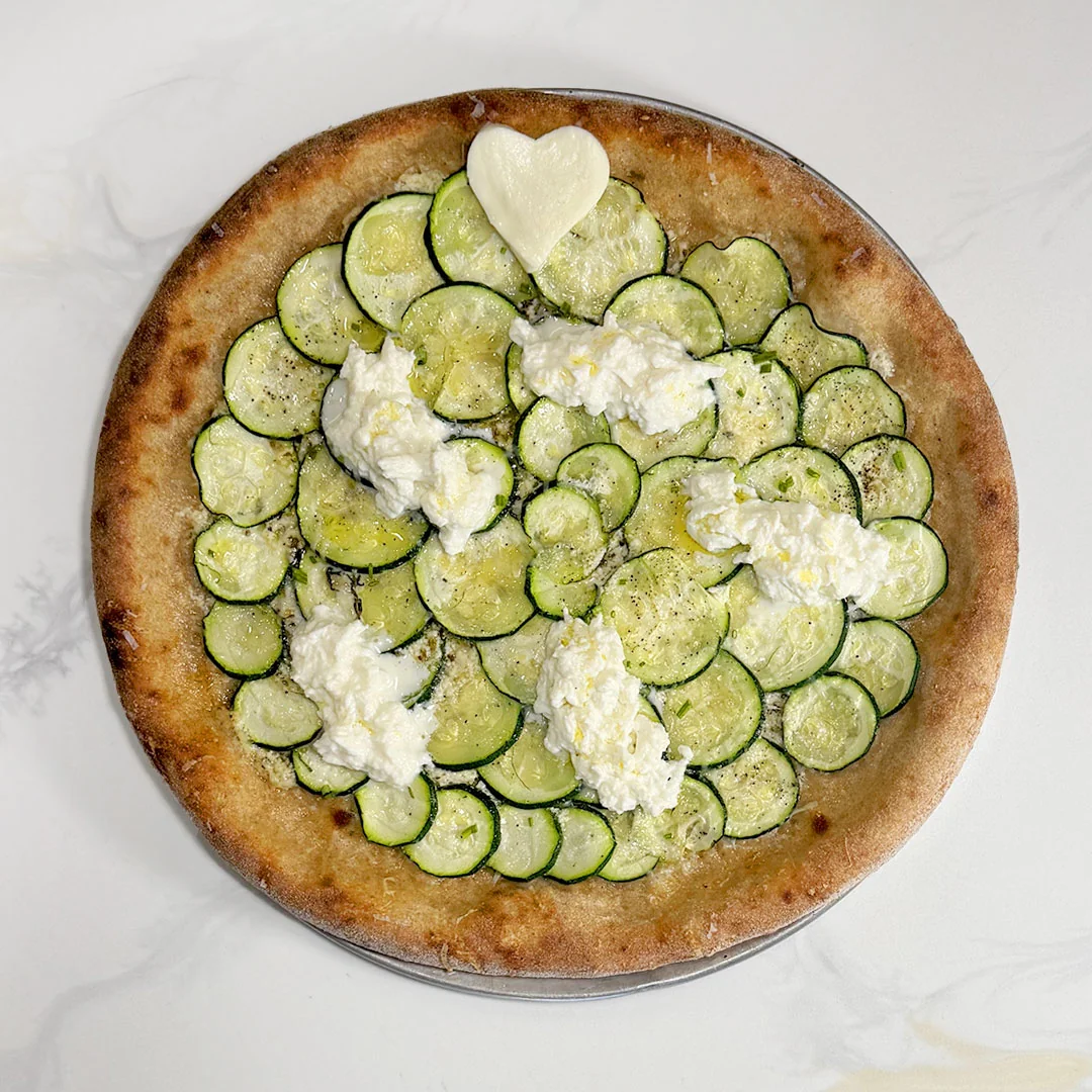 Zoudini — mint pea base with zucchini and burrata — Marzano Pizza Open Mic Series