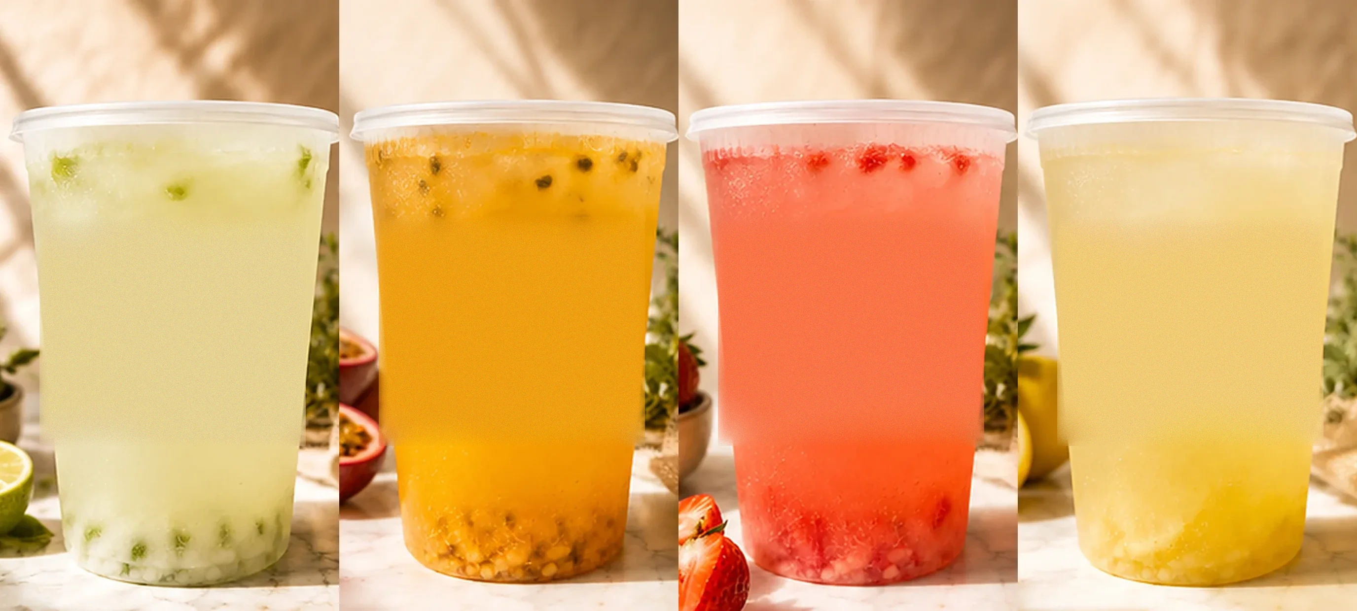 Brazilian, Passion Fruit, Strawberry and Classic lemonade buckets
