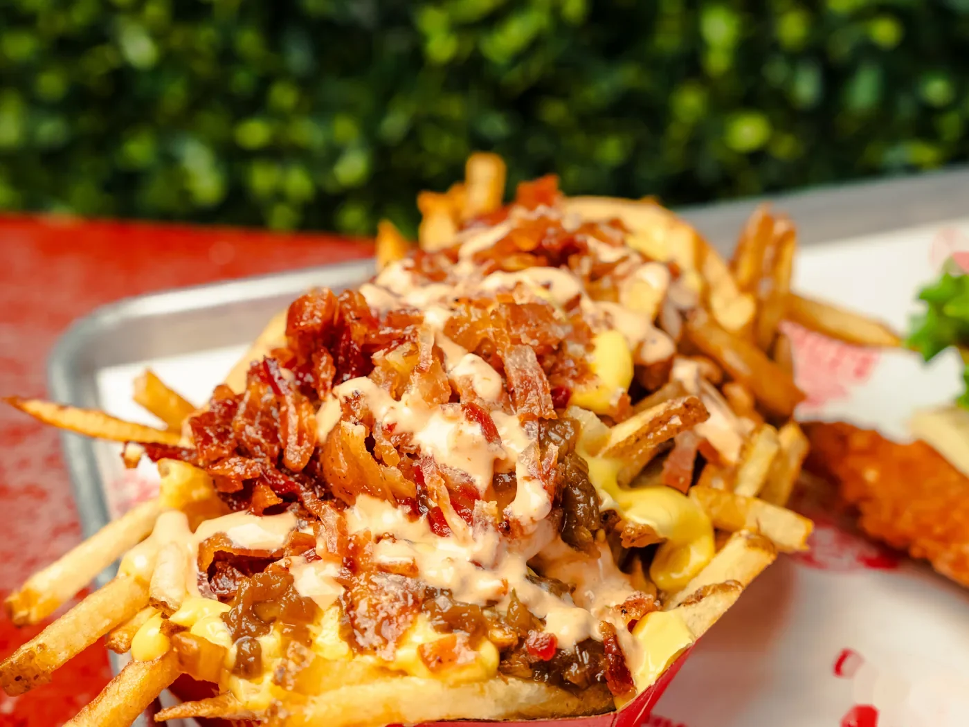 Loaded bacon fries on a tray