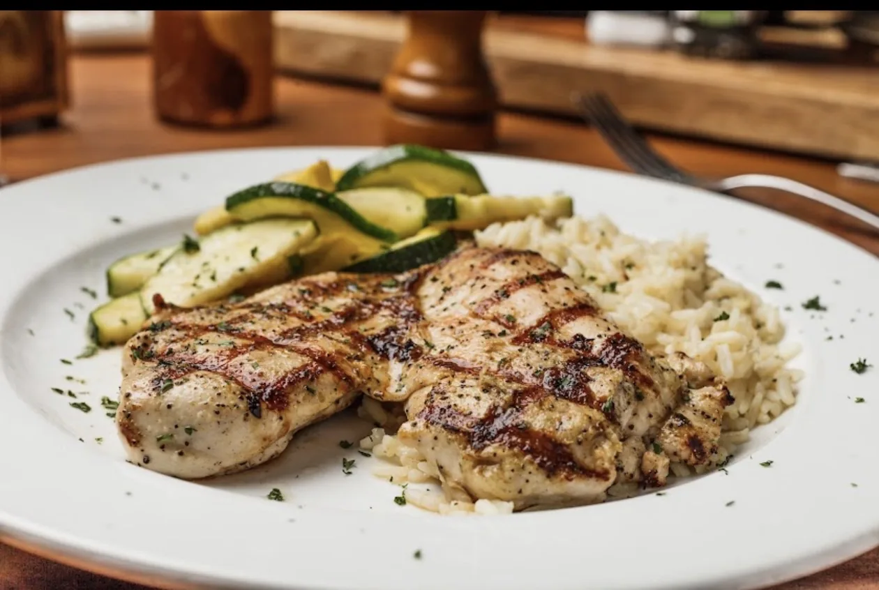 Ophelia’s Prime — grilled chicken platter with rice and squash