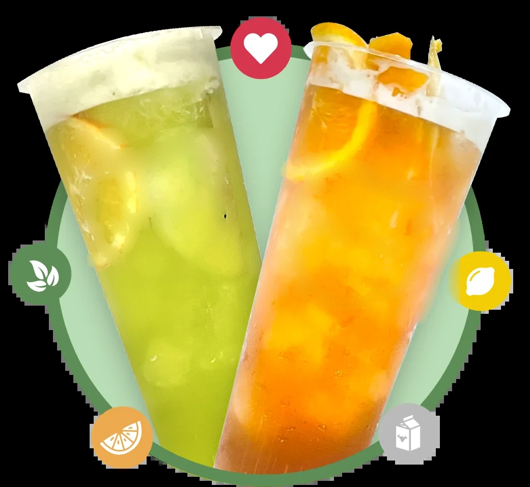 Two Lucky Leaf Tea Co. fresh fruit teas with the leaf-wreath logo